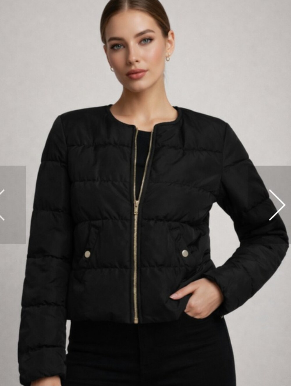 H&M Black Quilted Collarless Puffer Jacket with Gold Zipper